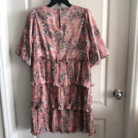 CODE X MODE Dress Paisley Tiered Ruffle Pleated Skirt Pink Green Sz.L - Picture 7 of 12